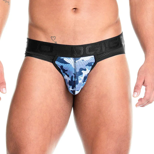 Camo Black Brief Jockstrap front view by Gigo Underwear
