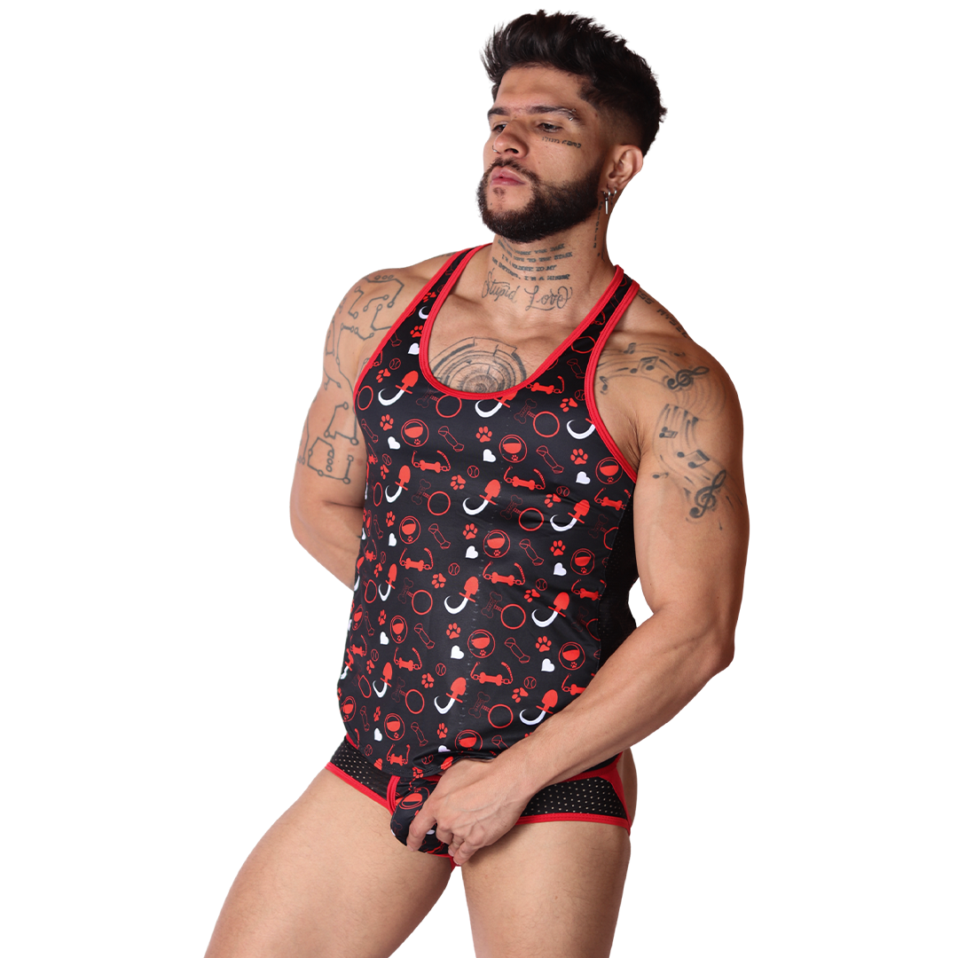 Dog Red Tank on model by Gigo Underwear