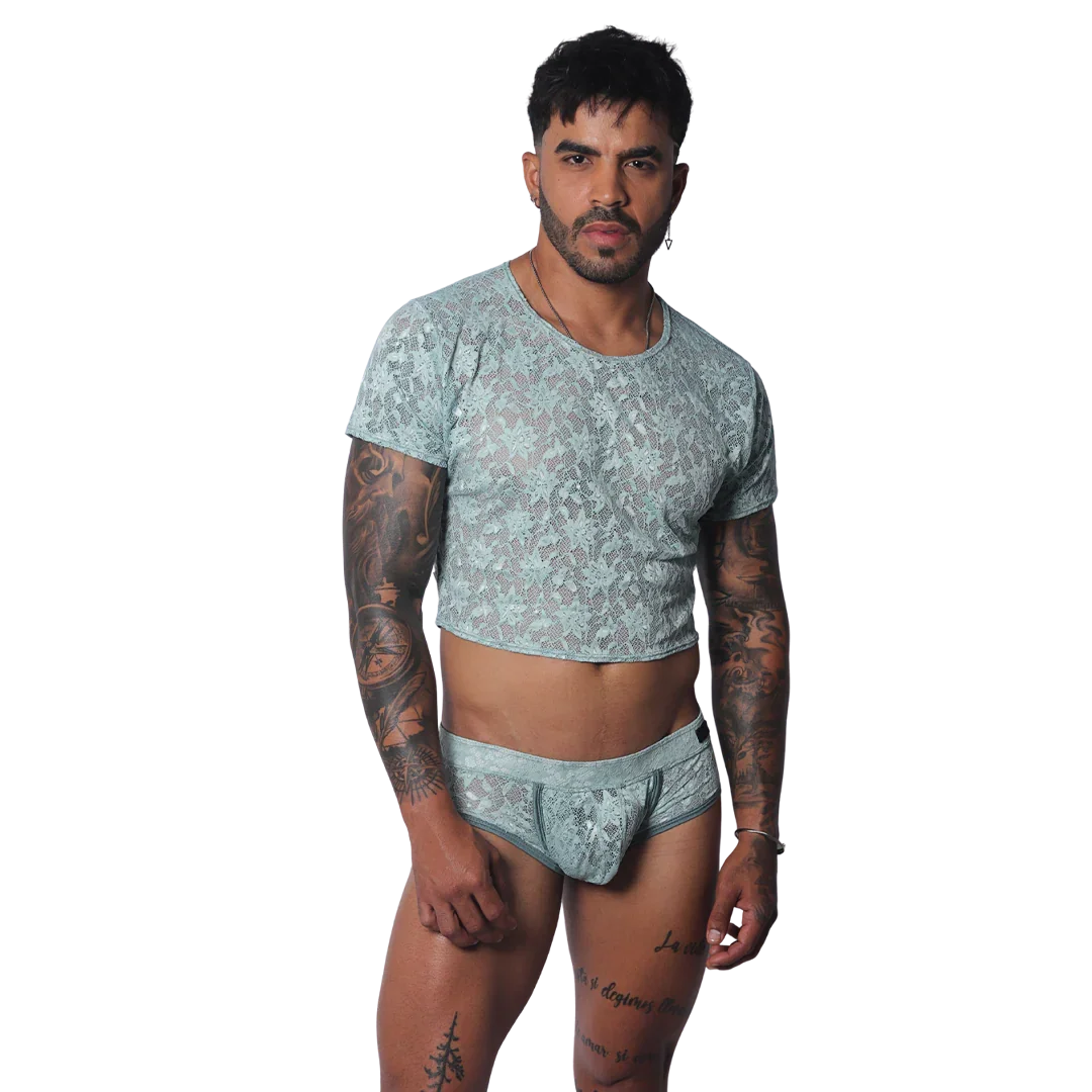 Prolix Aqua Croop Top on model by Gigo Underwear