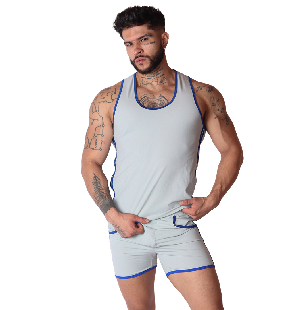 Typer Gray Tank on model by Gigo Underwear