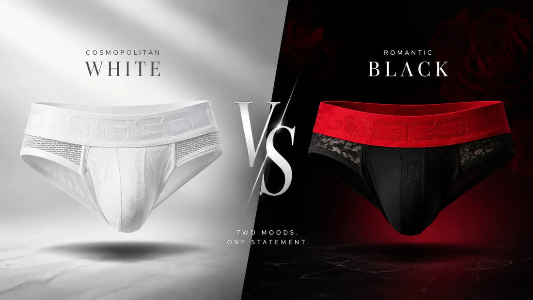 Comparison graphic of white and black Gigo underwear, with a white waistband on the left and a red waistband on the right.
