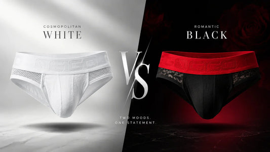 Comparison graphic of white and black Gigo underwear, with a white waistband on the left and a red waistband on the right.