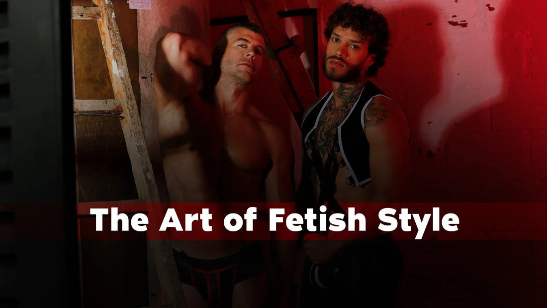 Two models in Gigo black fetishwear under red lighting, with The Art of Fetish Style text