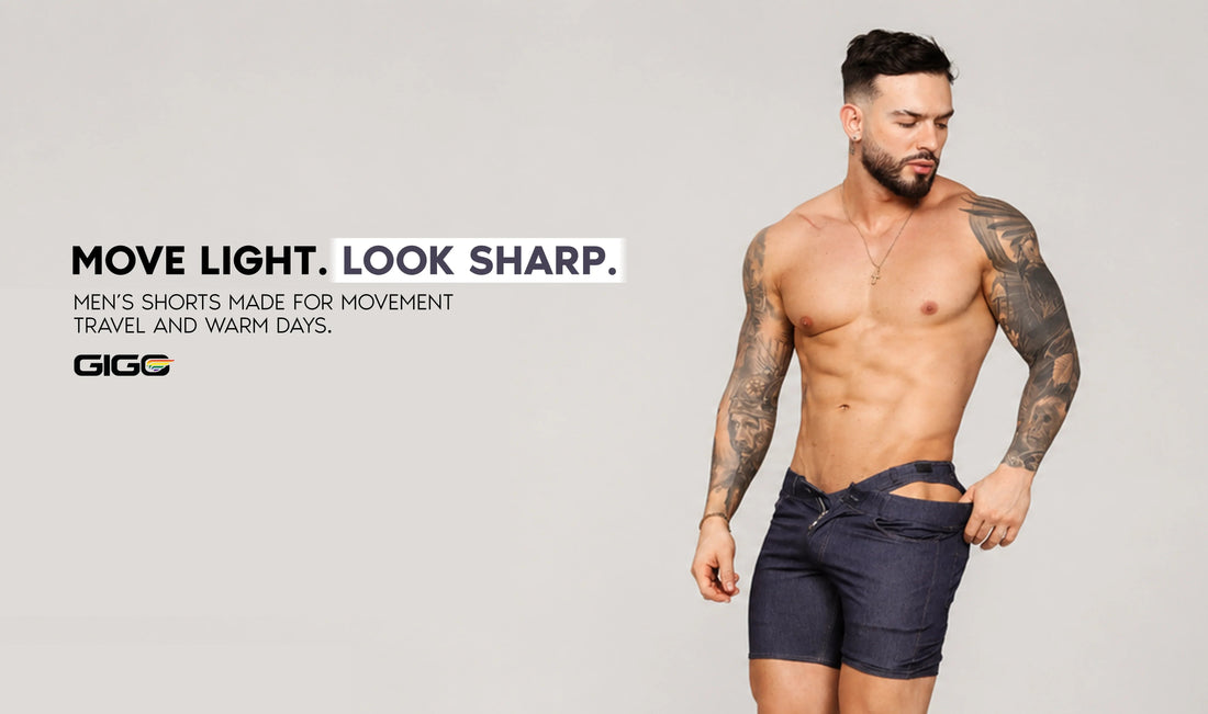 Gigo banner showing a model in dark denim shorts with waist cutouts beside the words “Move Light. Look Sharp.”