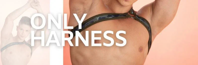 Gigo campaign showing a model in a dark chest harness with Only Harness text