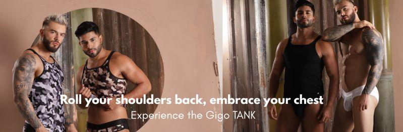 Gigo campaign collage showing models in camouflage and black tank tops, with a model in white underwear.