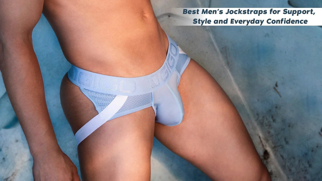 Gigo banner showing a model in a light blue jockstrap with a branded waistband and white side straps.