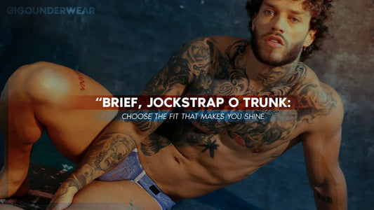 Tattooed model reclining in purple lace underwear beneath the words Brief, Jockstrap o Trunk: Choose the Fit That Makes You Shine.