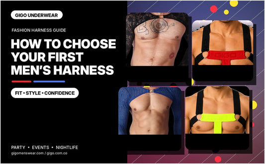 Men’s harness editorial cover featuring Gigo fashion harnesses in black, blue, red and yellow for a first harness styling guide