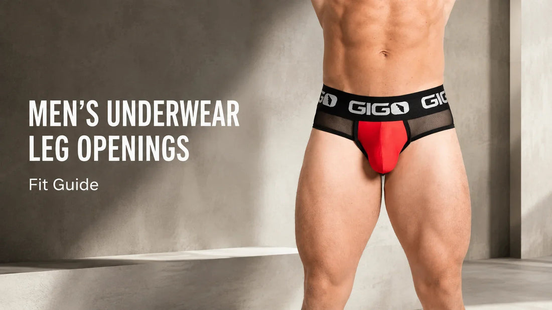 Model wearing red and black Gigo underwear showing how the leg openings fit around the upper thighs.