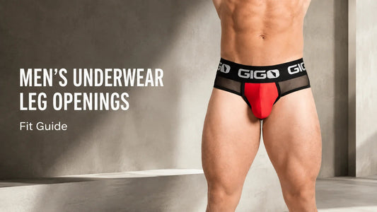 Model wearing red and black Gigo underwear showing how the leg openings fit around the upper thighs.