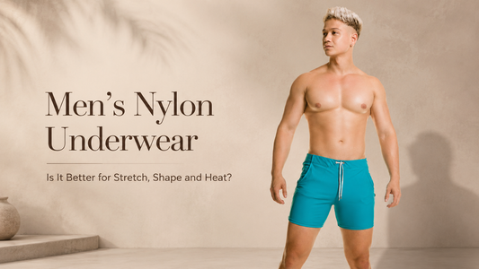 Editorial blog cover for Gigo Underwear showing a male model in turquoise Classic Beachwear on a warm neutral studio background with the title Men’s Nylon Underwear.