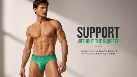 Male model wearing green Gigo men’s support underwear in a horizontal editorial studio banner with the text “Support Without the Squeeze,” showing premium fit, shape, and all-day comfort.