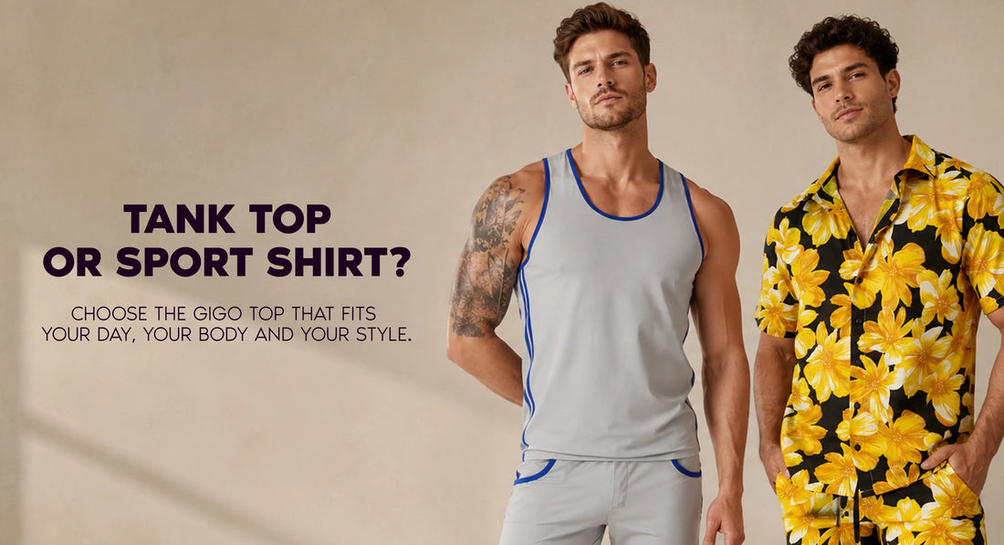 Two models, one in a gray tank with blue trim and one in a yellow floral shirt, beside the words Tank Top or Sport Shirt.