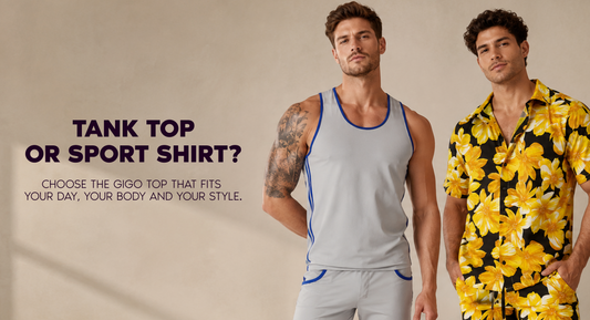 Two adult male models wearing Gigo sportwear, one styled in a men’s tank top and the other in a sport shirt, showing a premium comparison for warm weather, travel, comfort and everyday style.