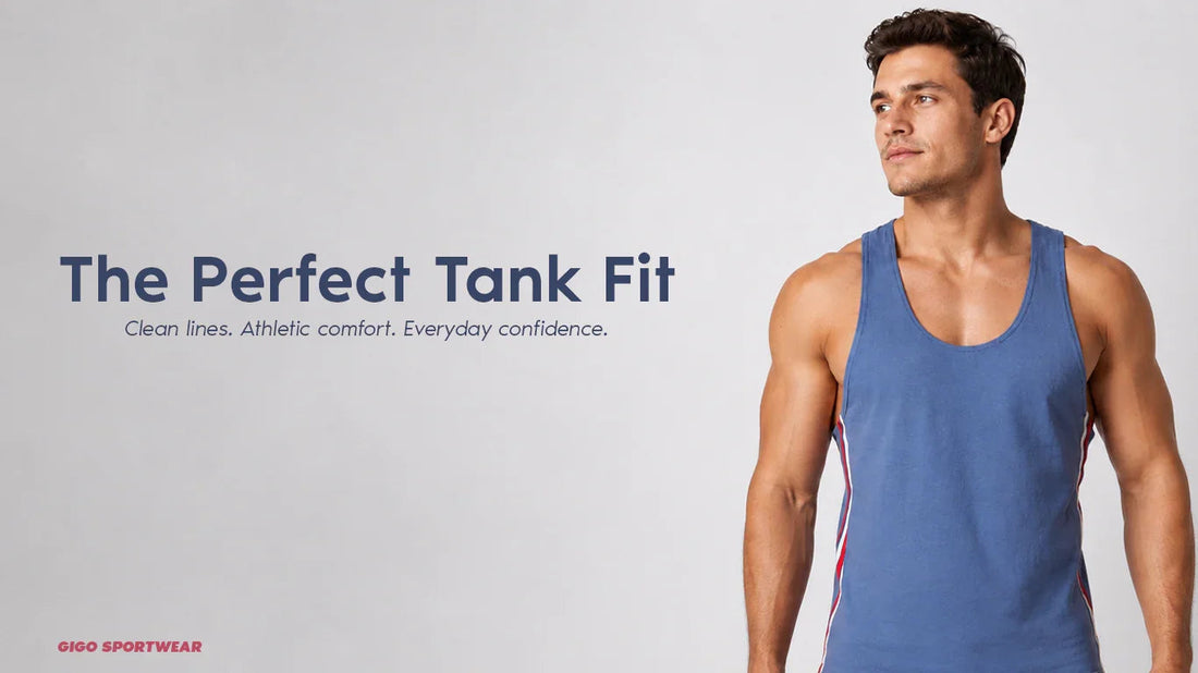 Model wearing a blue tank top against a gray background, beside the words The Perfect Tank Fit.
