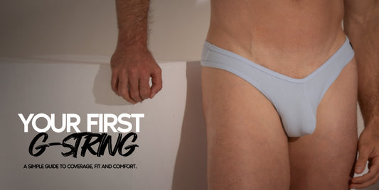 Front view of Gigo Soft Blue G String showing its waistband, pale blue fabric and front coverage