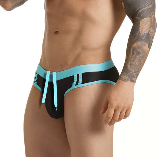 Active Black Blue Swim Brief front view by Gigo Underwear