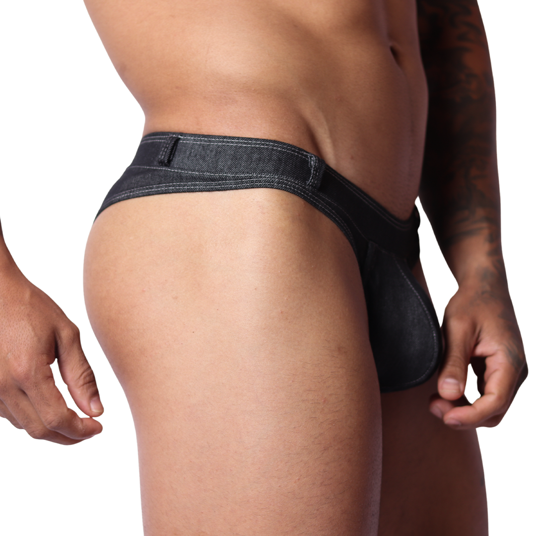 Denim Black Thong front view by Gigo Underwear