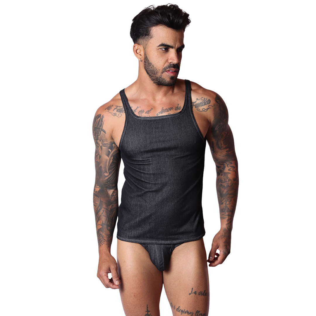 Denim Black Tank on model by Gigo Underwear