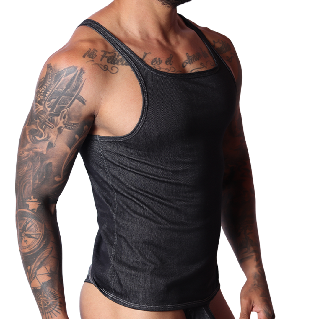 Denim Black Tank front view by Gigo Underwear