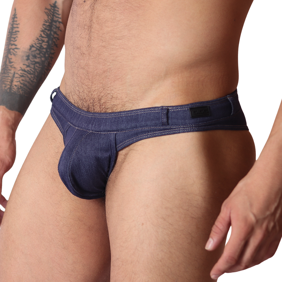 Denim Blue Thong front view by Gigo Underwear