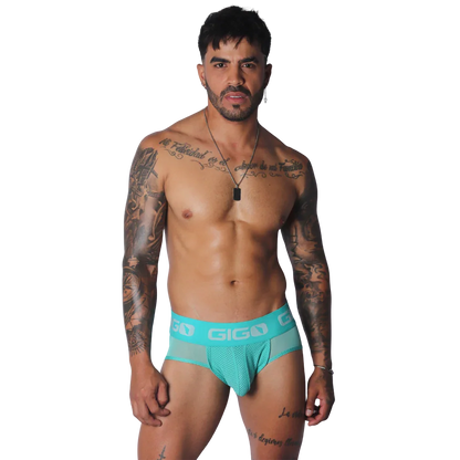 Evocative Aqua Jock Thong on model by Gigo Underwear