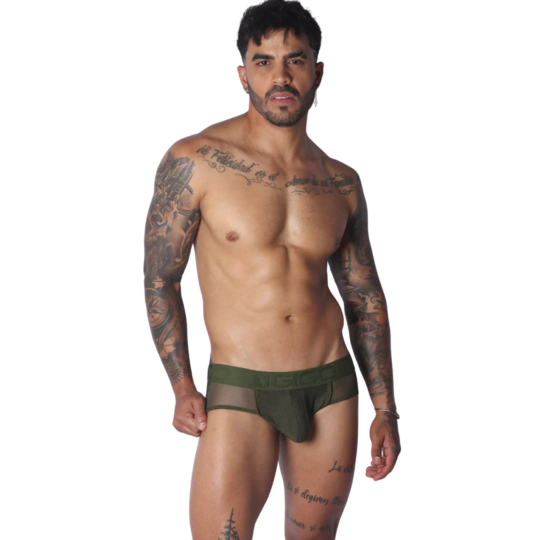 Evocative Green Jock Thong on model by Gigo Underwear