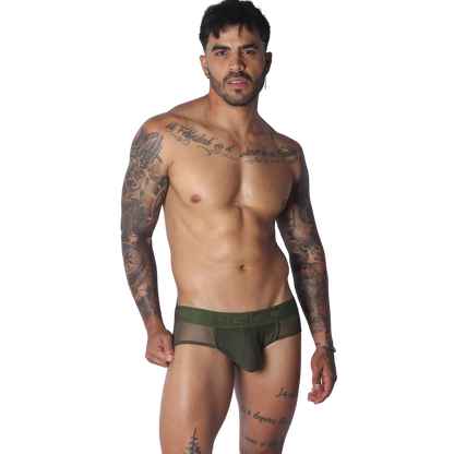 Evocative Green Jock Thong on model by Gigo Underwear