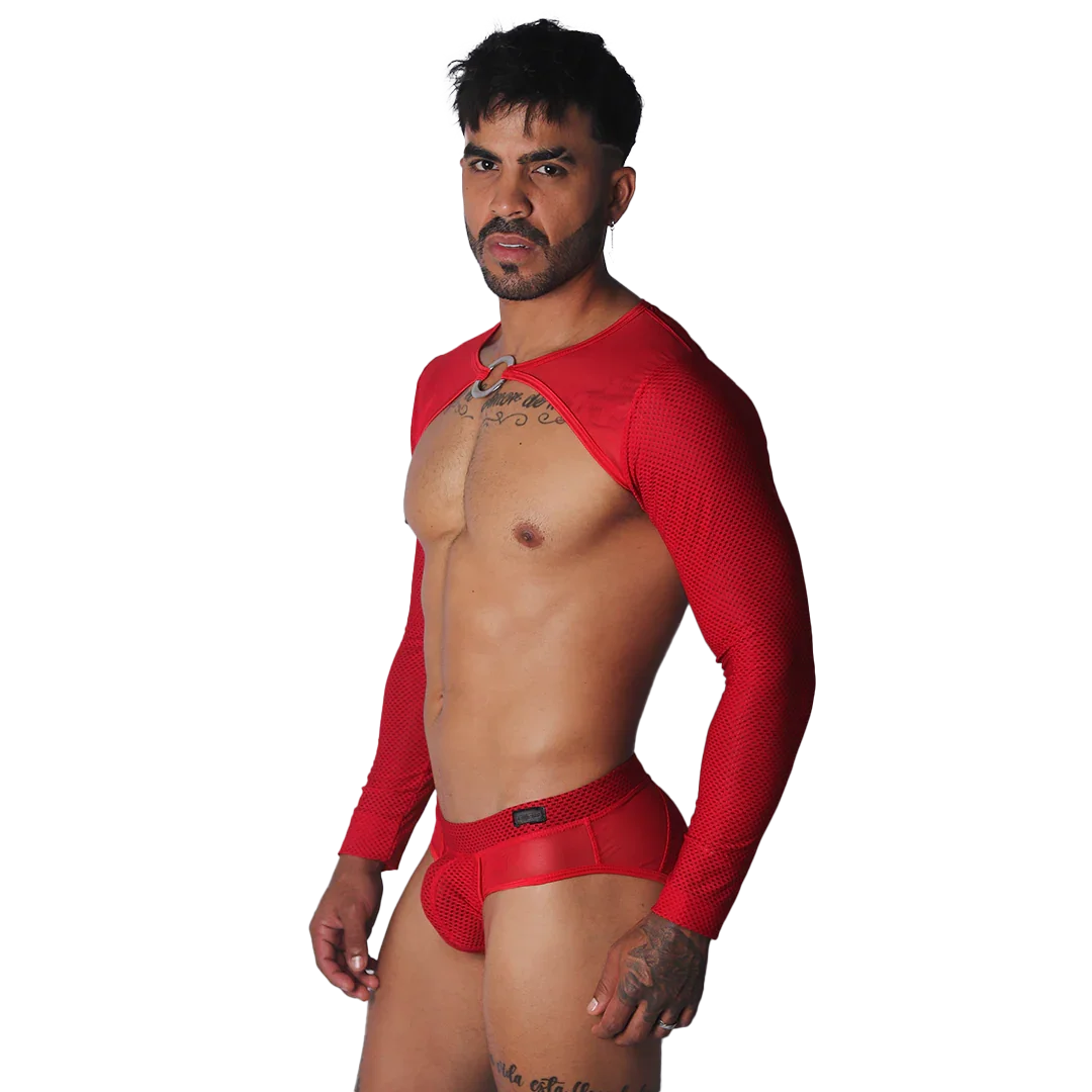 Evocative Red Harness on model by Gigo Underwear