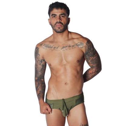 Exit Green Swim Brief on model by Gigo Underwear
