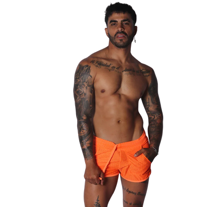 Exit Orange Short on model by Gigo Underwear