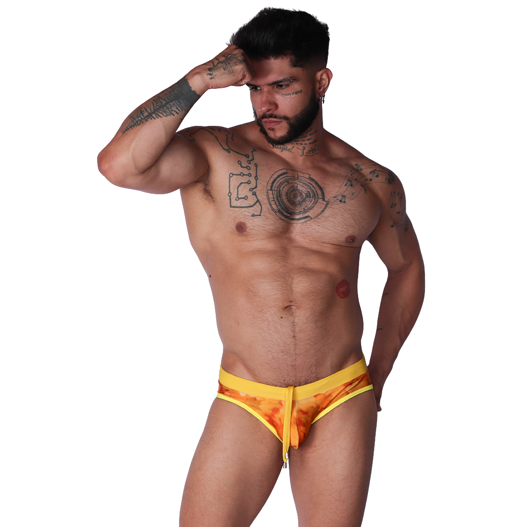 Floral Yellow Swim Brief on model by Gigo Underwear