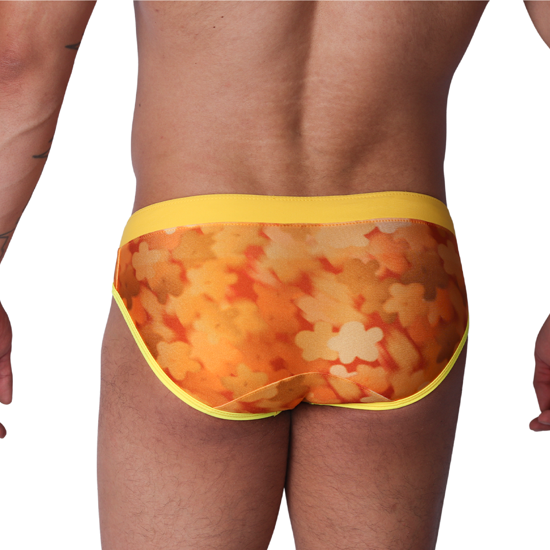 Floral Yellow Swim Brief back view by Gigo Underwear