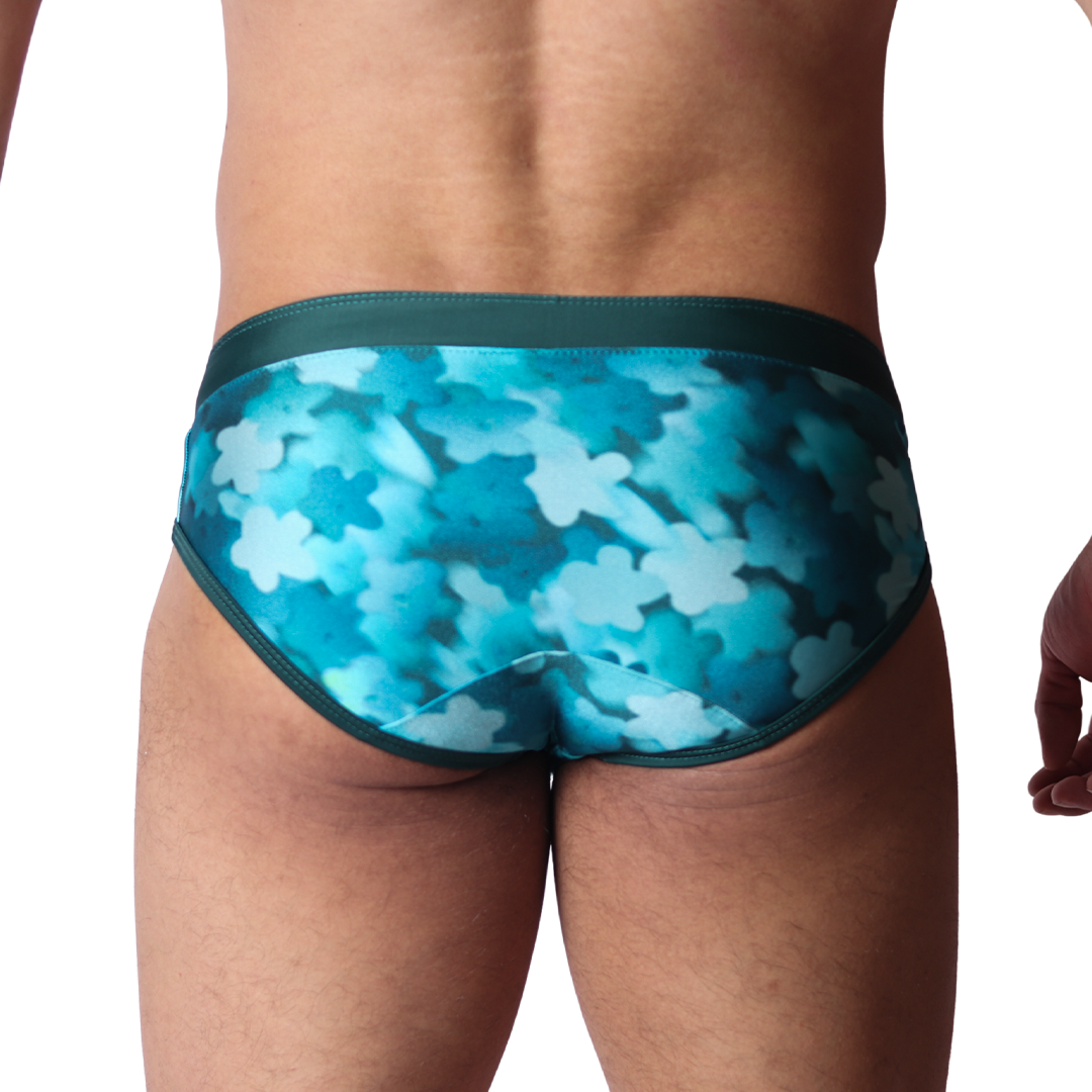 Floral Blue Swim Brief back view by Gigo Underwear