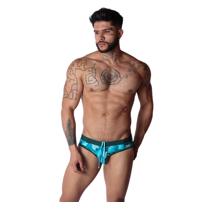 Floral Blue Swim Brief on model by Gigo Underwear
