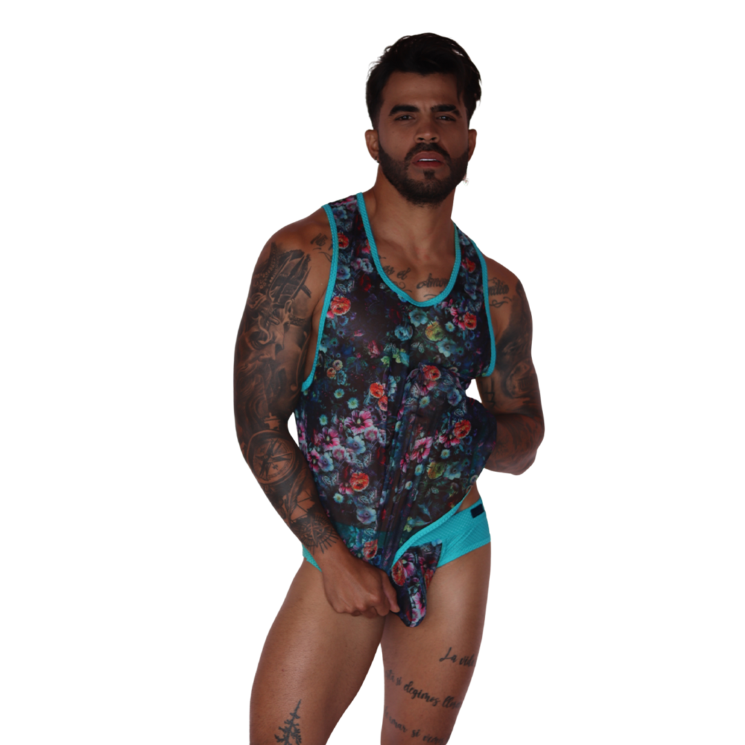 Garden Blue Tank on model by Gigo Underwear