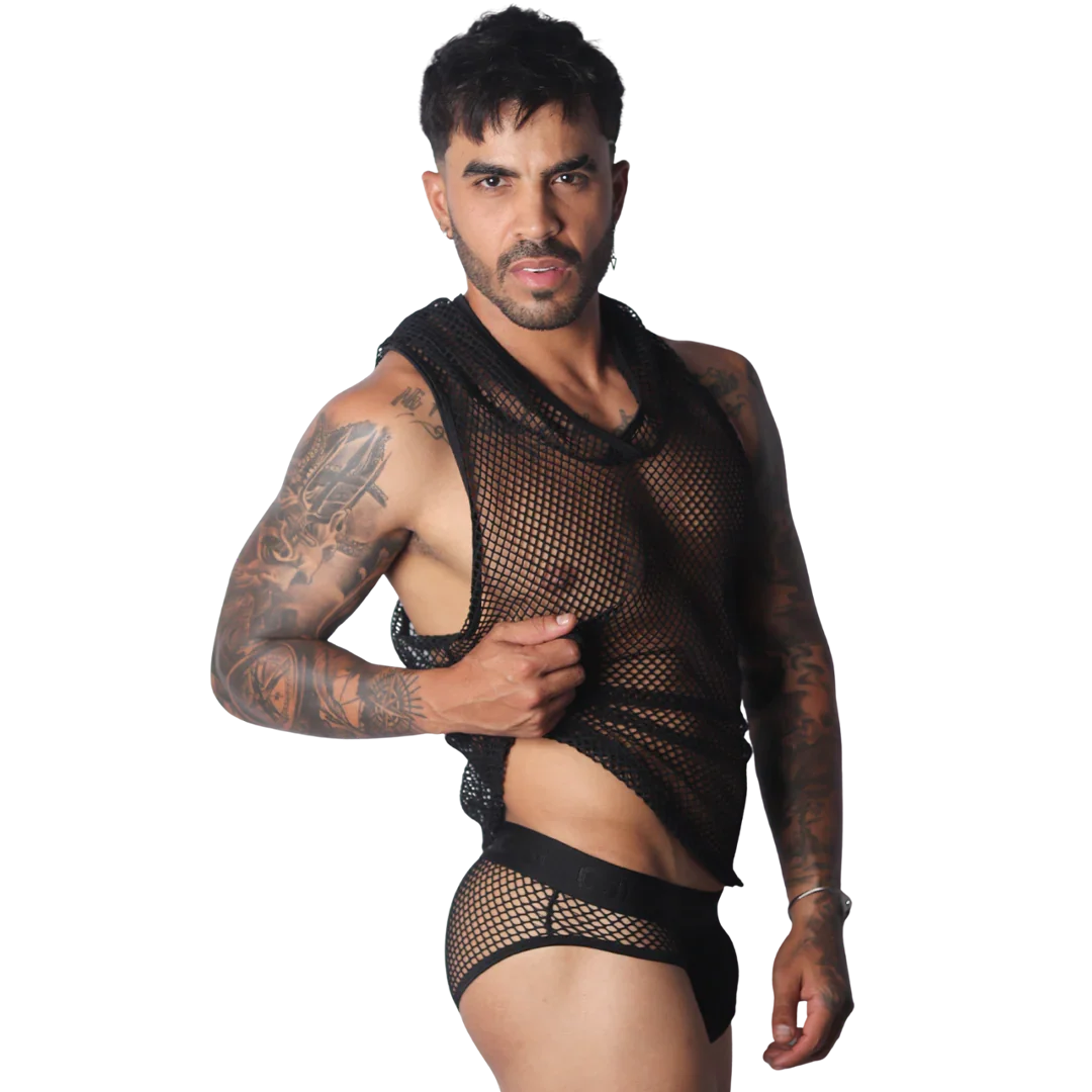 Provocative Black Hoody Tshirt on model by Gigo Underwear
