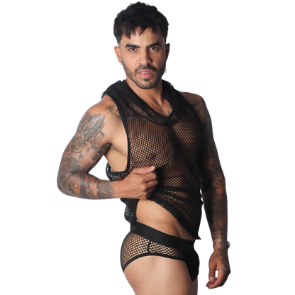 Provocative Black Hoody Tshirt on model by Gigo Underwear