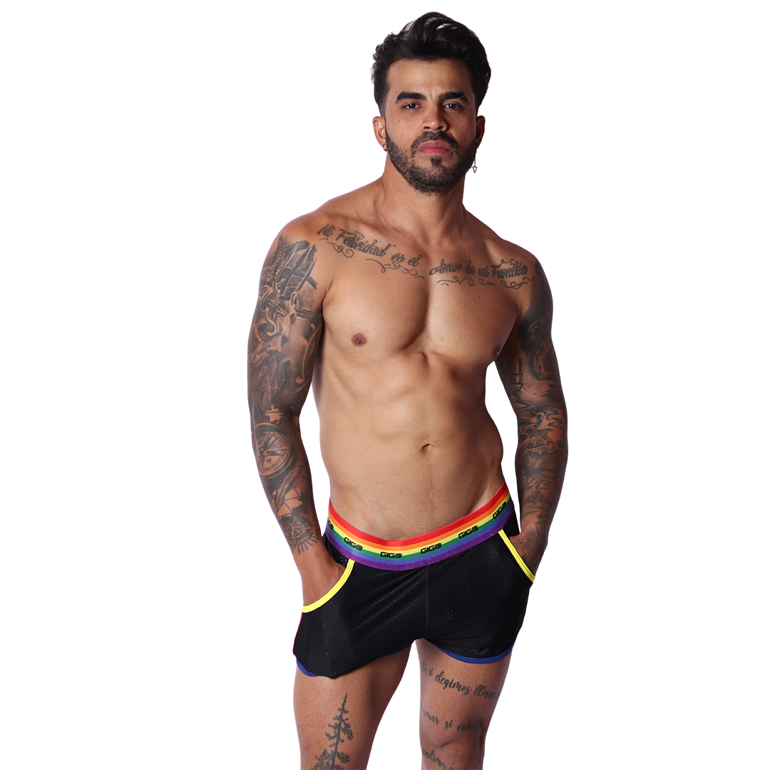 Pride Shorts on model by Gigo Underwear
