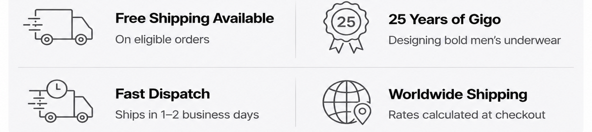 A 2x2 infographic on shipping benefits with black line icons and text on a light gray background: free shipping on eligible orders, secure encrypted payment, fast dispatch, and worldwide shipping.